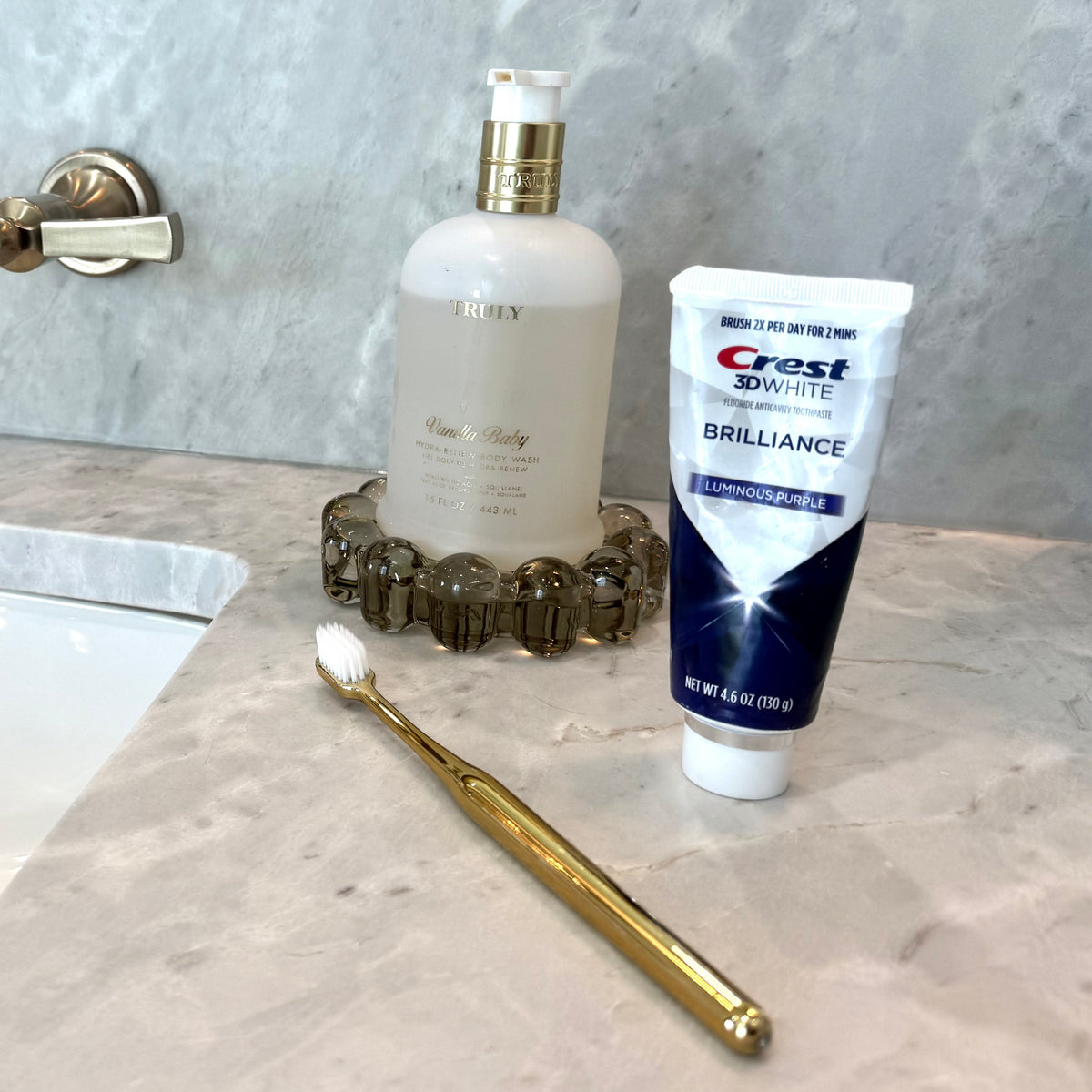 Gold Metallic Toothbrush - white styled in Teresa’s home