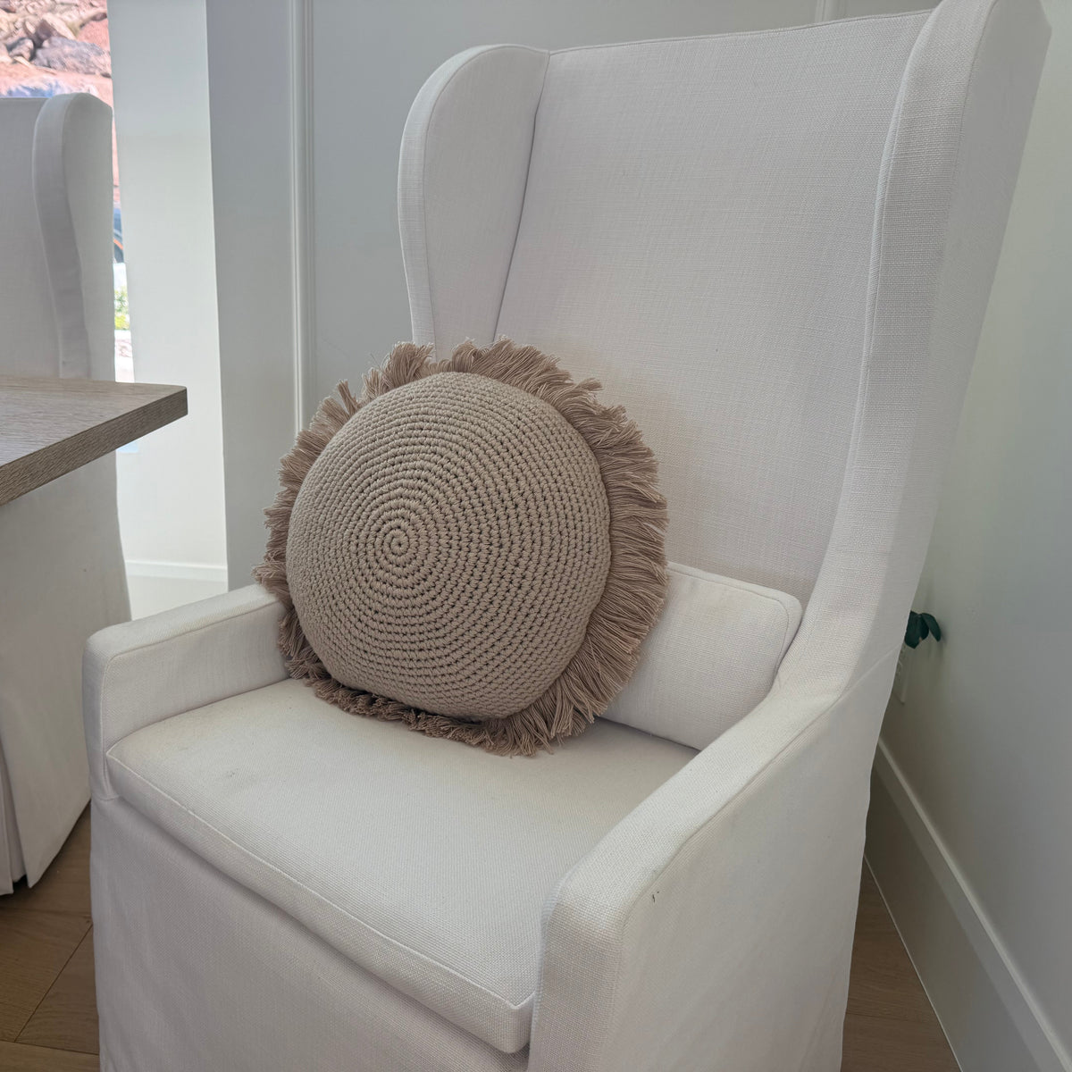 Round Fringe Throw Pillow styled in Teresa’s home