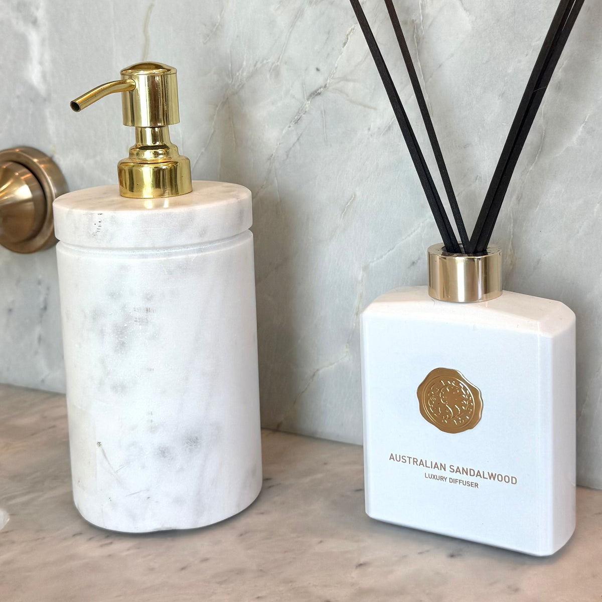 Marble Soap Dispenser - Round styled in Teresa’s home