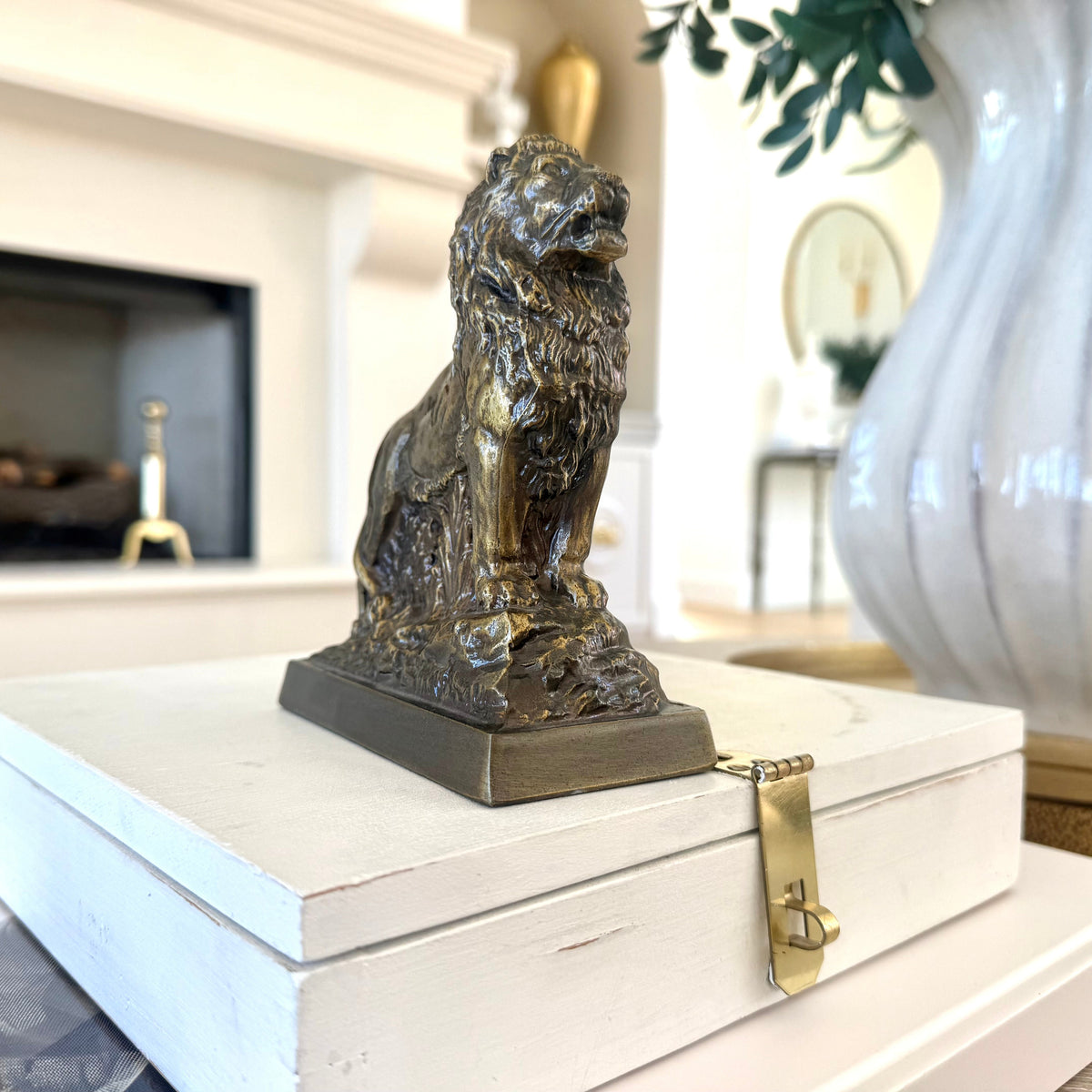 Vintage Bronze Brass Lion Coin Bank styled in Teresa’s home