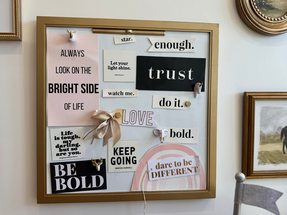 20" × 20" Square Dry Erase Magnet Board styled in Teresa’s home